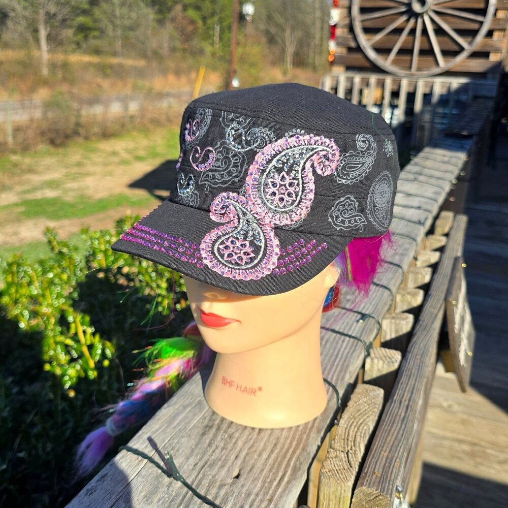 Ladies Black & Pink Paisley BLING Hat New No Tags